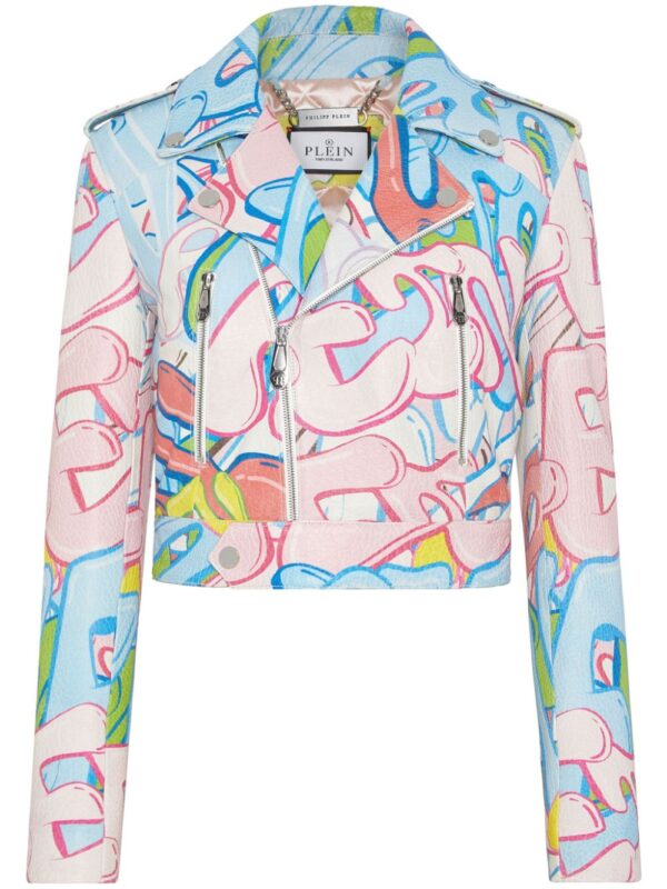 Philipp Plein  graffiti-logo cropped leather biker jacket