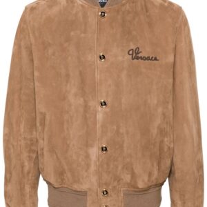 Versace  logo-embroidered suede bomber jacket