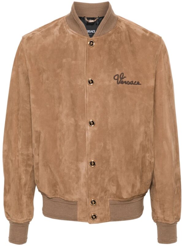 Versace  logo-embroidered suede bomber jacket