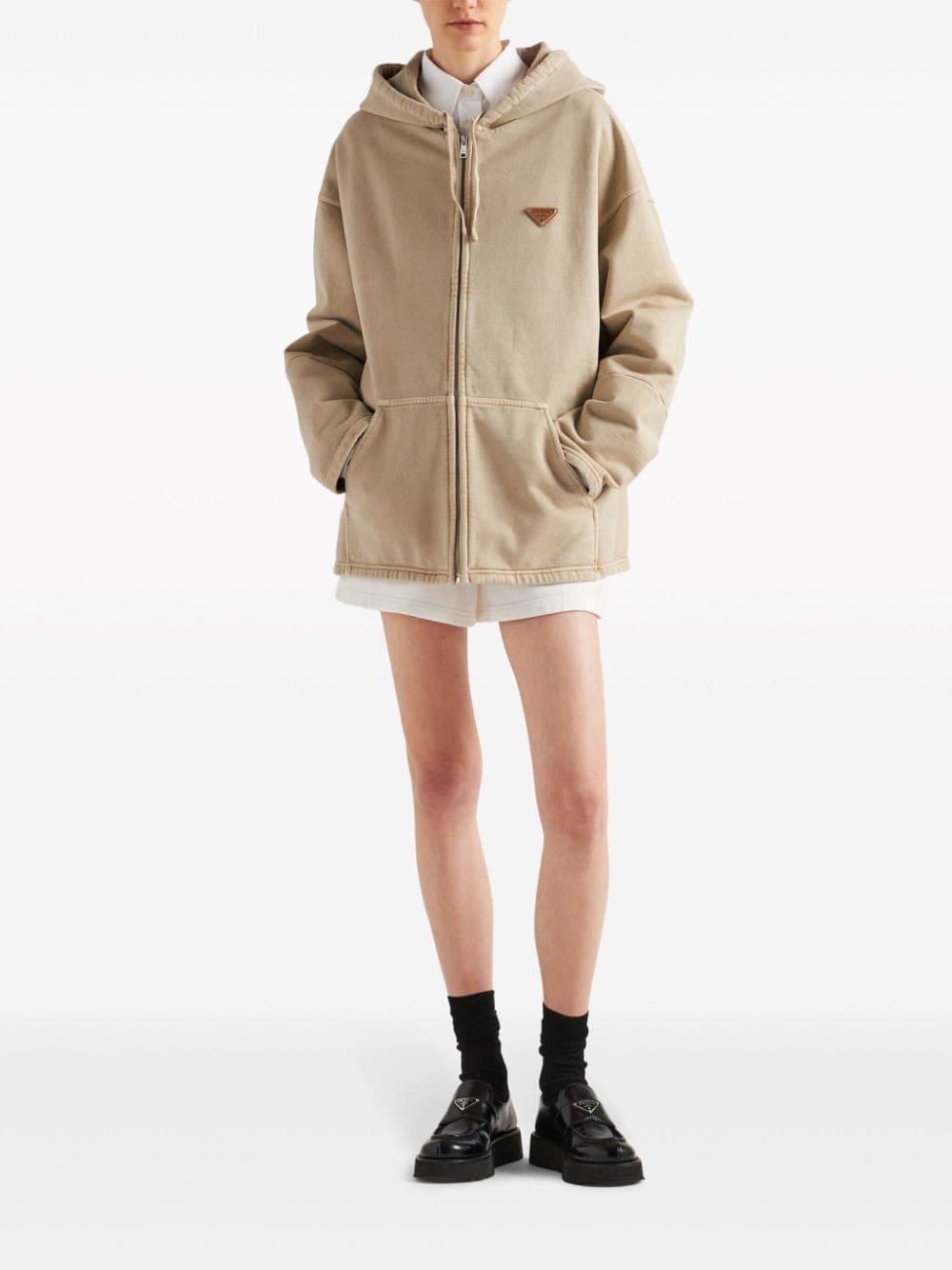 Prada logo-patch cotton fleece hoodie - Image 2