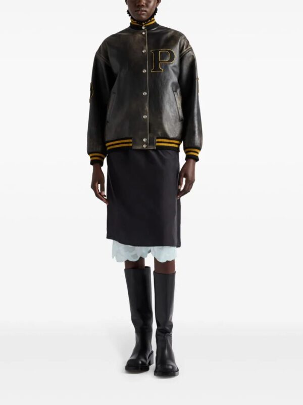 Prada  logo-appliqué leather bomber jacket - Image 2