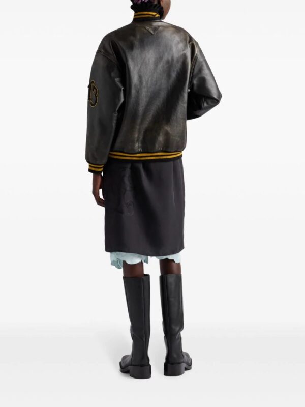 Prada  logo-appliqué leather bomber jacket - Image 3