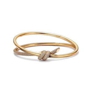 Tiffany Knot Double Row Hinged Bangle in Yellow Gold with Diamonds