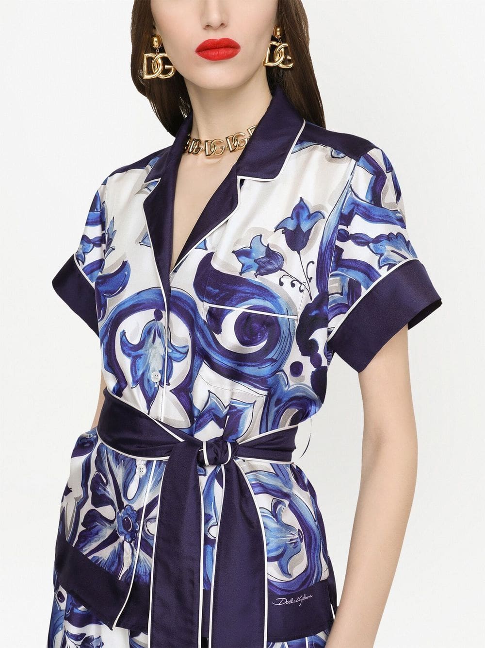 Dolce & Gabbana Majolica-print belted silk shirt - Image 5