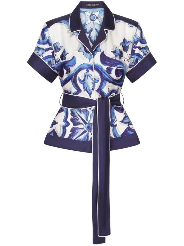 Dolce & Gabbana  Majolica-print belted silk shirt
