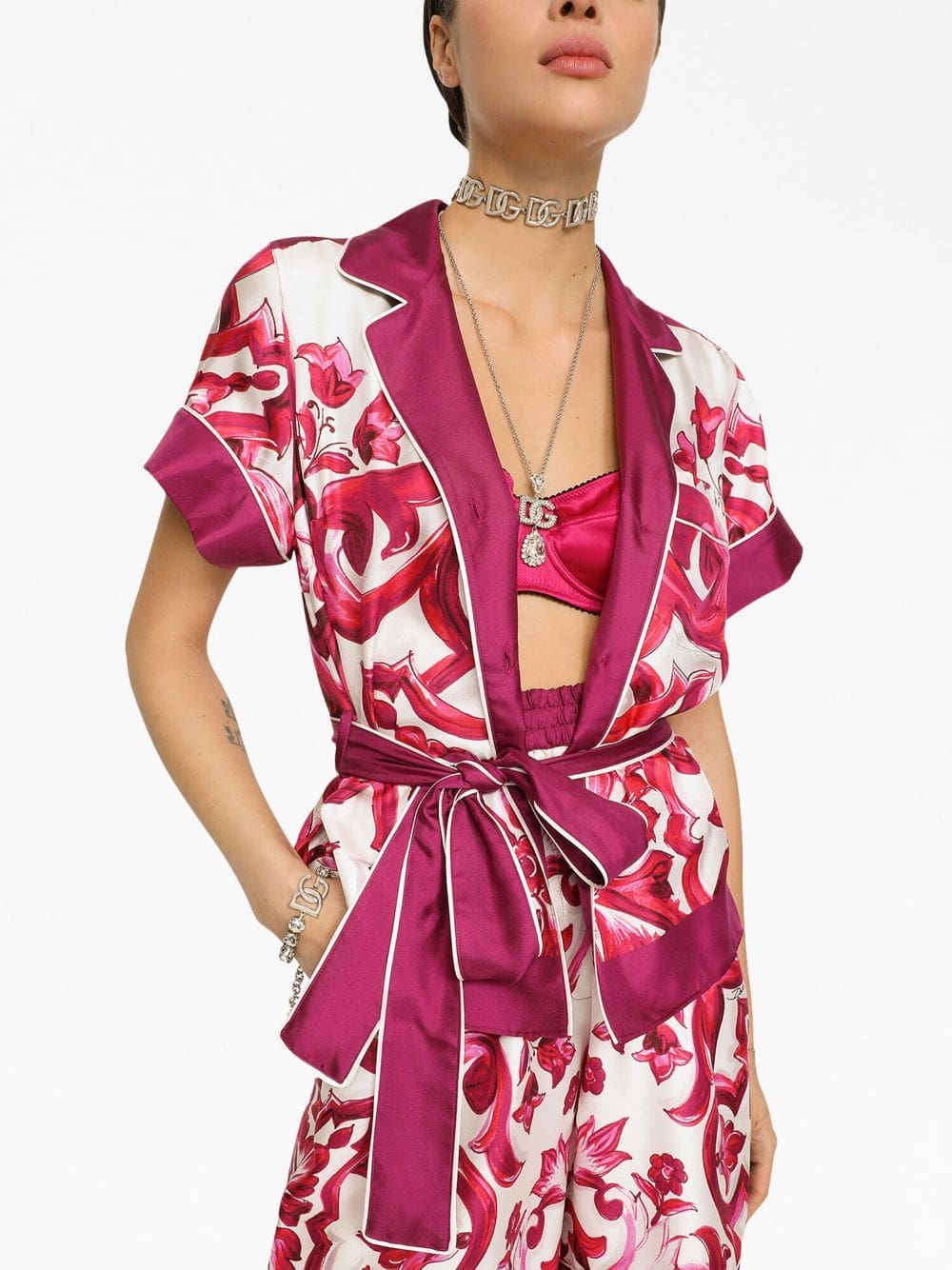 Dolce & Gabbana Majolica-print belted silk shirt - Image 4