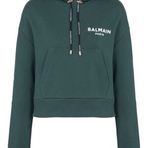 Balmain flocked-logo cropped hoodie