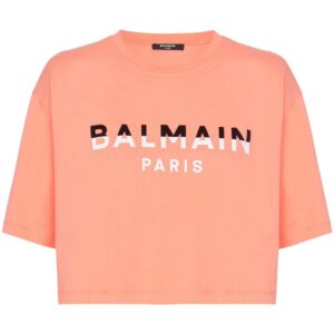 Balmain flocked-logo cropped T-shirt