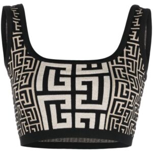 Balmain monogram-jacquard cropped knit top