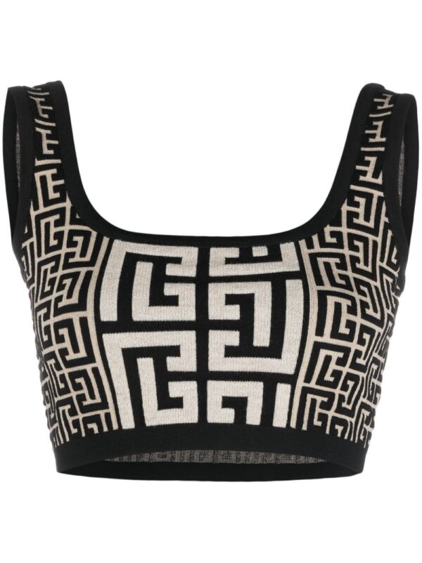 Balmain monogram-jacquard cropped knit top