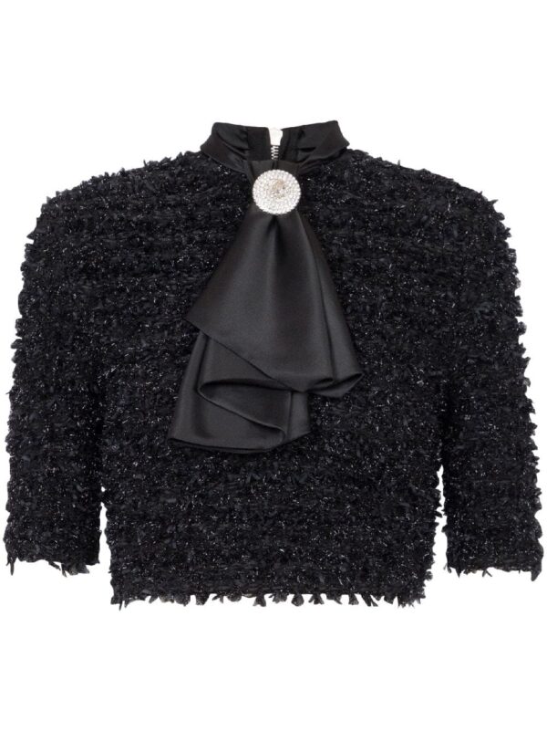 Balmain pussy-bow cropped tweed top