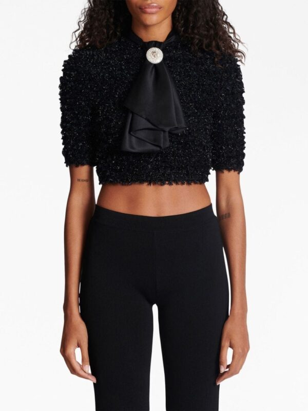 Balmain pussy-bow cropped tweed top - Image 5
