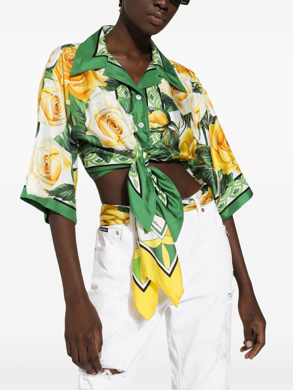 Dolce & Gabbana rose-print cropped silk shirt - Image 5