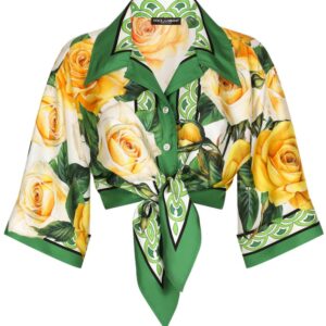 Dolce & Gabbana rose-print cropped silk shirt