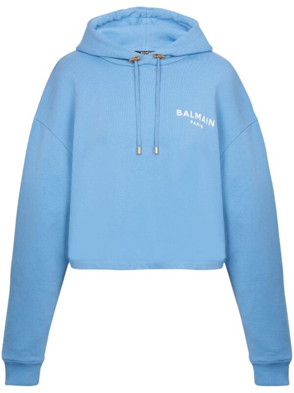 Balmain logo-flocked cropped hoodie