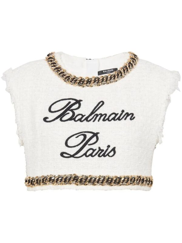 Balmain  Signature-embroidered tweed crop top