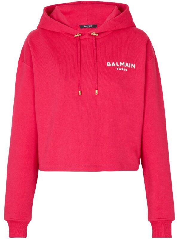 Balmain logo-flocked cropped hoodie