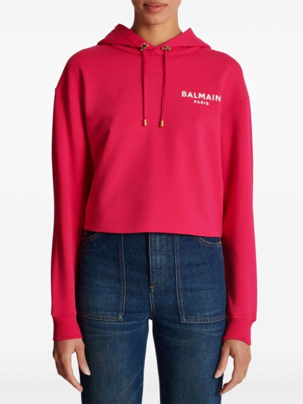 Balmain logo-flocked cropped hoodie - Image 4