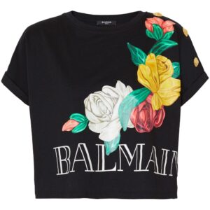 Balmain Roses-print cropped T-shirt