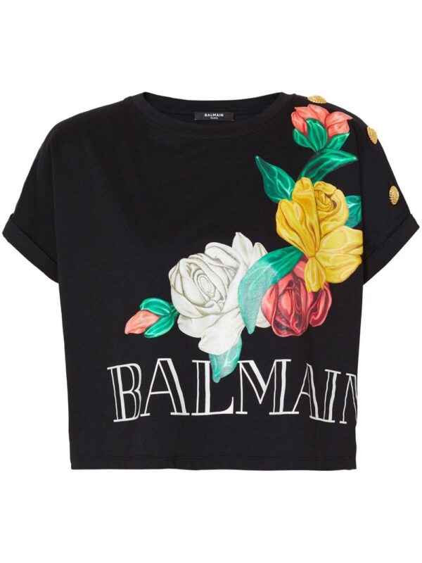 Balmain Roses-print cropped T-shirt