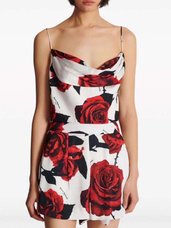 Balmain  Roses-print draped satin top - Image 4