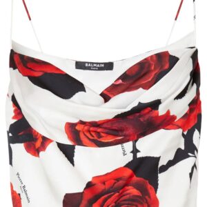 Balmain  Roses-print draped satin top