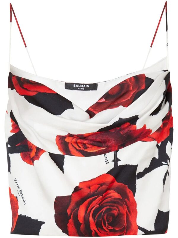Balmain  Roses-print draped satin top