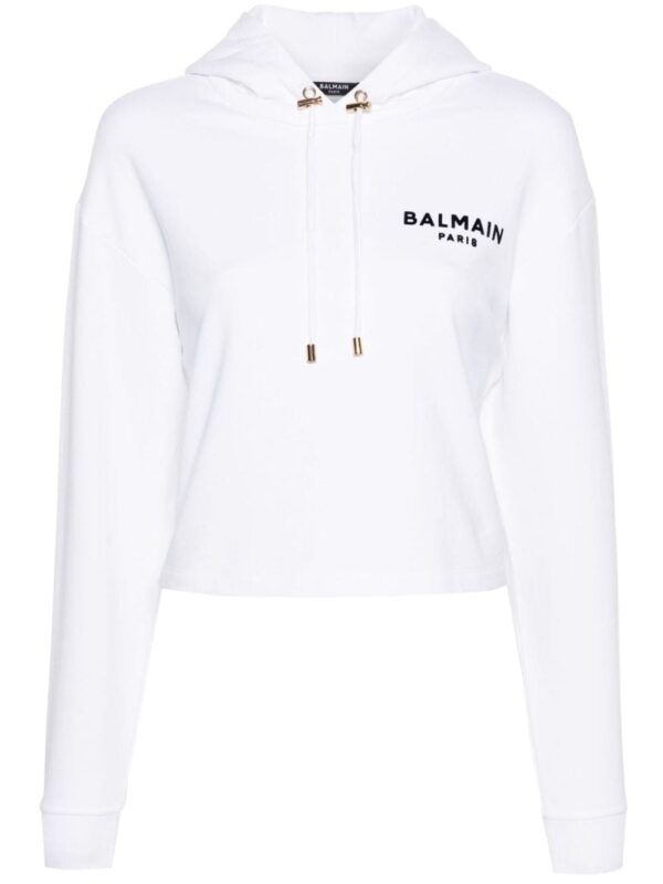 Balmain flocked-logo cropped hoodie