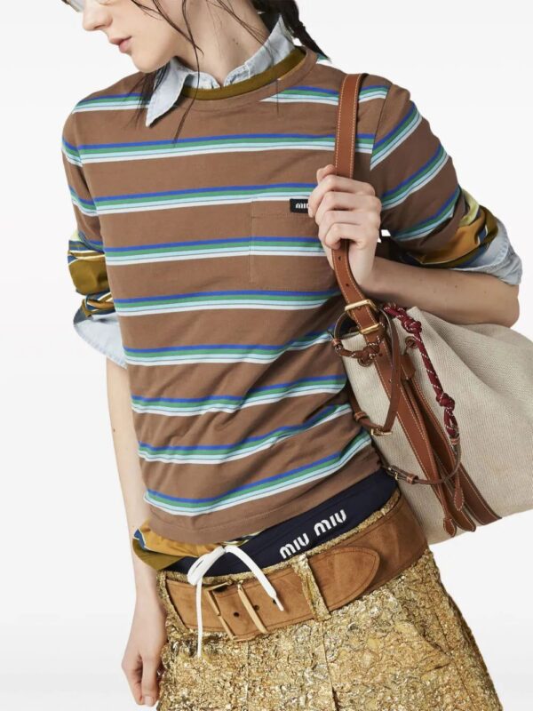 Miu Miu  logo-patch striped T-shirt - Image 4